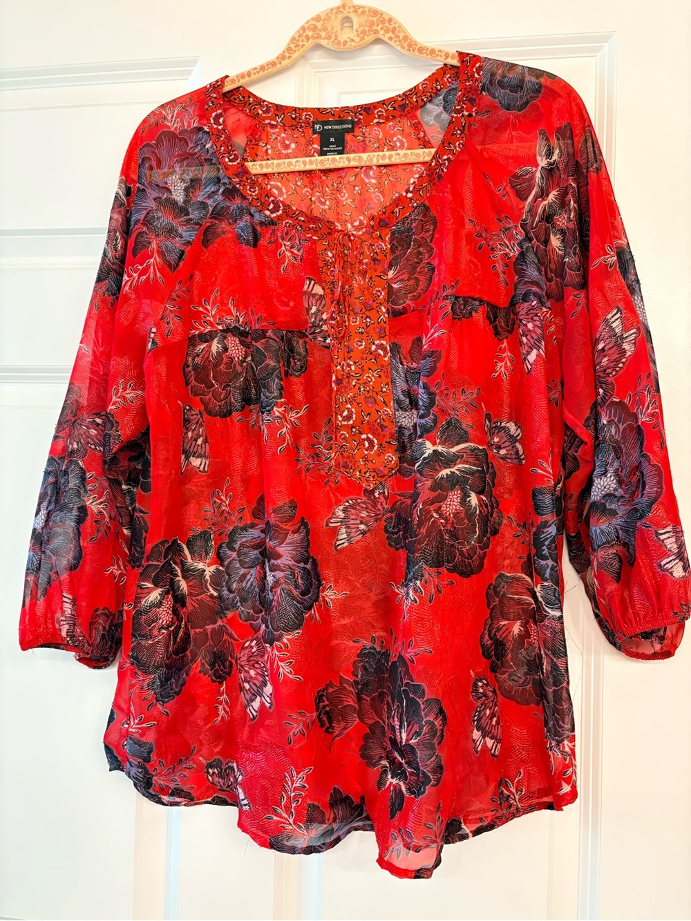 new directions Red Floral Peasant Blouse with Embroidered Yoke